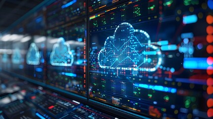 Poster - it department monitoring cloud service performance and network health on multiple screens