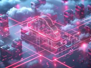 Poster - futuristic cloud computing network with holographic visualization of interconnected servers storage 