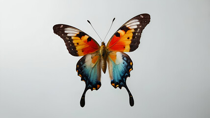 two beautiful colorful bright multicolored tropical butterflies with wings spread and in flight isol