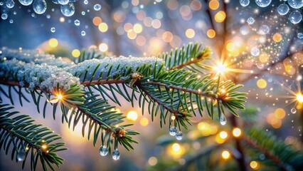 Poster - Delicate dew droplets glisten on a lush Christmas tree branch, surrounded by soft, blurred twinkling lights, creating a serene and magical winter wonderland atmosphere.