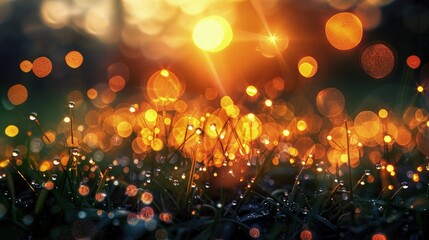 Wall Mural - Sunset rays catching on each dew drop on a patch of grass, turning them into glowing orbs of light.