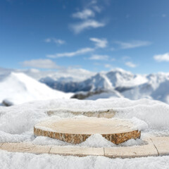 Wall Mural - wooden snow covered table top with wooden tray bowl for products. copy space for montage objects dis