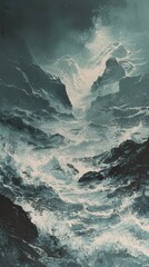 Wall Mural - A painting of a stormy ocean with a large wave crashing into a rocky shore