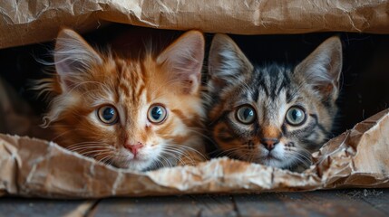 Poster - Two Curious Kittens Peeking From a Paper Bag. Generative AI