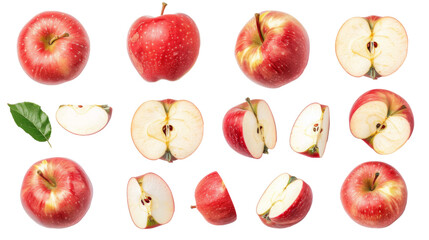 Wall Mural - Isolated set of apples. Whole, sliced and cut in half.