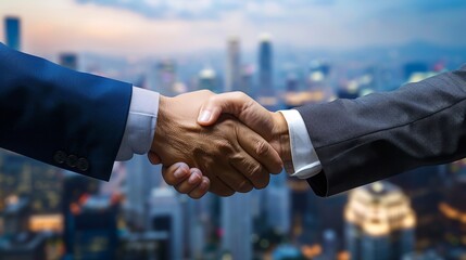 Poster - A group of business partners shaking hands after a successful financial negotiation, with a cityscape background.