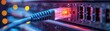 © Kanin - Close-up of a network cable connected to a server port, illuminated with blue and purple lights, representing data communication and technology.
