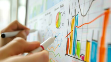 Poster - A hand drawing a bar graph on a whiteboard during a business presentation, with markers and erasers nearby.