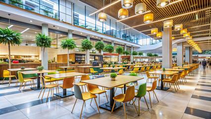 Brightly lit modern cafeteria in a busy shopping mall with sleek tables, chairs, and a vibrant food court atmosphere awaiting customers.