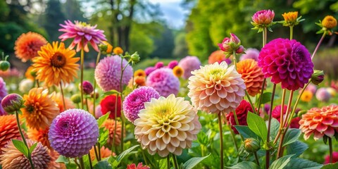 Poster - Vibrant dahlias in various colors bloom amidst lush green foliage and rustic garden ornaments in a serene and sunny summer garden setting.