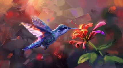 Poster - A hummingbird feeding from a flower, captured in flight with blurred wings and vibrant colors.