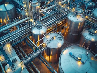 Poster - Intricate Chemical Plant with Complex Piping and Storage Tanks Showcasing Industrial Production