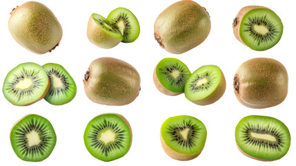 Wall Mural - Set of kiwi isolated on white. Whole kiwi, slices and cut in half.