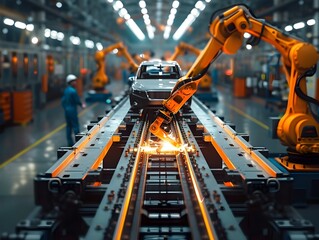 Poster - cutting edge automotive manufacturing with robotic automation on assembly line