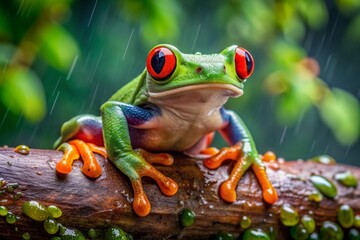 Wall Mural - Vibrant red-eyed tree frog perched on a wet log, showcasing its bright green and yellow skin, intricate webbed feet, and striking red eyes against a blurred green background.