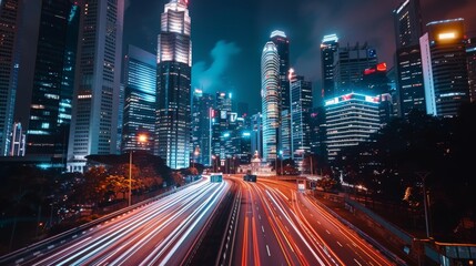 Canvas Print - A long exposure shot of car lights streaking past towering skyscrapers in a bustling city at night.