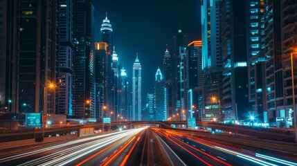Poster - A long exposure shot of car lights streaking past towering skyscrapers in a bustling city at night.