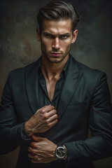 Wall Mural - handsome young man , modern mafia , wearing an expensive black suit and looking at the camera with piercing gaze ,muscular body . The background is a dark . fictional character