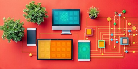 Fototapete - Connected Devices Network. Modern devices like tablets, smartphones, and computers connected in a network with colorful icons representing various applications and functionalities. 