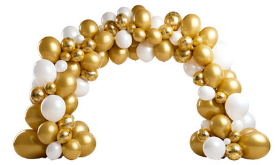  An elegant archway created with a cluster of gold and white balloons, perfect for weddings, birthdays, anniversaries, or any festive celebration.