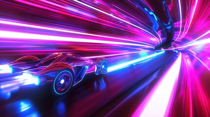 Wall Mural - neon speed: futuristic race car blazes through a vibrant tunnel, leaving trails of light in its wake