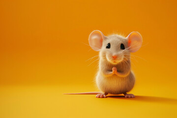 Poster - a cartoon illustration of a funny cute mouse character on yellow color background generative ai