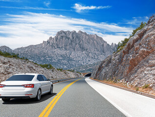 Wall Mural - A white car drives along the highway against the backdrop of rocky mountains on a sunny day.