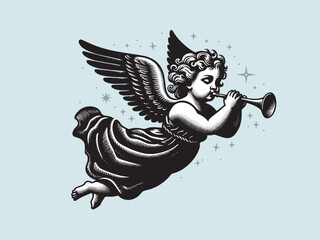 Wall Mural - Little cute Christmas angel flies and plays the trumpet. Vintage retro engraving illustration. Black icon, isolated element