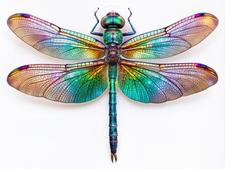 Sticker - Vibrant dragonfly with intricate iridescent wings and delicate body details, isolated on a pure white background, showcasing its natural beauty in stunning macro clarity.