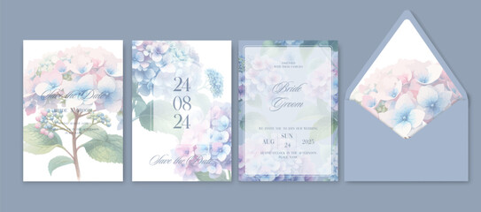 Wall Mural - Set of card with flower hydrangea. Vector decorative greeting card or invitation design background.