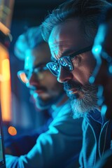 Wall Mural - Close-up of bank employees working overtime to fix systems after a cyberattack, tired faces and determined expressions, Portrait close-up, hyper-realistic, high detail, photorealistic, studio