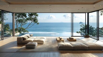 Wall Mural - Coastal Living Room With Ocean View and Sliding Glass Doors. Generative AI