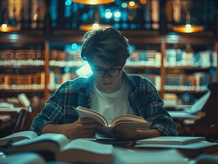 Poster - Dedicated Student Studying in Dimly Lit University Library with Books and Papers Scattered