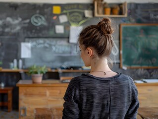 Poster - teacher preparing lessons in empty classroom dedication to education work hard concept