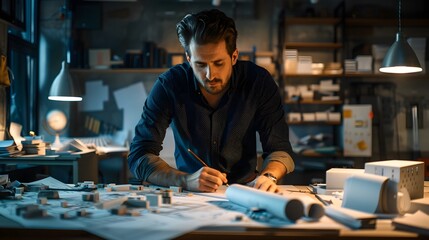 Poster - Architect Sketching Blueprints Late at Night Surrounded by Models and Plans Work Hard Concept