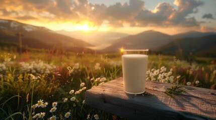 Wall Mural - A glass of milk on a wooden table in the grass with a mountain view backdrop of alpine meadows