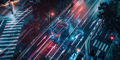 Poster - A self-driving car navigating through traffic with sensors and AI algorithms visualized around it, demonstrating advancements in AI-powered transportation