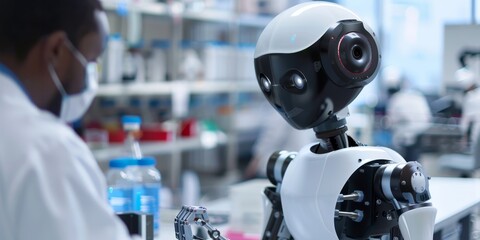 Poster - A close-up of a humanoid robot assisting a scientist in a laboratory, illustrating the collaboration between AI and human intelligence in research and development