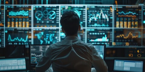 Poster - A financial analyst using AI software to predict stock market trends, with graphs and data visualizations illustrating the power of AI in finance