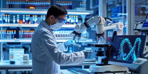 Wall Mural - A biotech engineer programming a robotic arm to handle interconnected cell samples, surrounded by advanced lab equipment and digital DNA sequences, showcasing automation in biotech