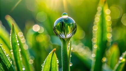 Canvas Print - A beautiful macro closeup image of small green natural grass plant bud with water drops on its leaves