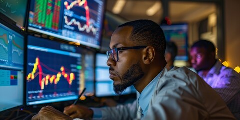Leinwandbilder - A diverse team of stock traders monitoring market fluctuations and stock prices on multiple computer screens