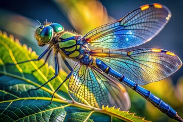 Vibrant blue and yellow dragonfly perches on a leaf, its iridescent wings glisten in sunlight, showcasing delicate details and intricate patterns.