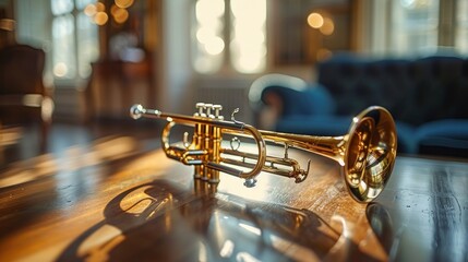 Wall Mural - Golden Trumpet on Wooden Table