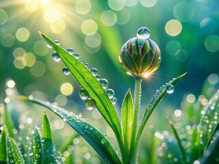 Canvas Print - Delicate green grass plant bud showcases tender leaves adorned with sparkling water droplets, capturing serene natural beauty in exquisite macro detail.