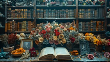 Wall Mural - Magical Library and Floral Arrangement