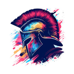 A colorful illustration of a Spartan helmet with a red plume, set against a transparent background with splatters of paint.