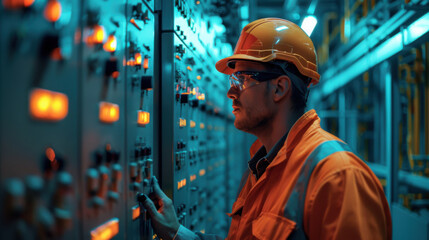 Wall Mural - Engineer in orange safety gear operating electrical control systems in a well-lit industrial environment, focused on precision and safety.