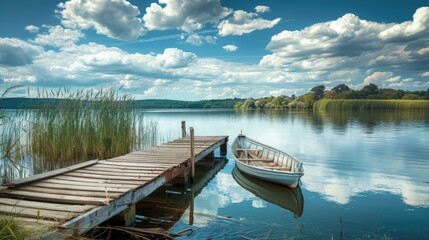 Naklejka na meble Picturesque lake landscape with a row boat and old wooden bridge, serene water and stunning sky, peaceful environment.
