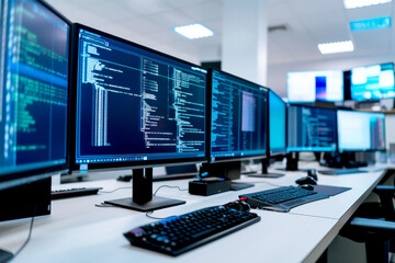 Modern office setup with multiple computer screens displaying code, keyboards, and mice on a clean white desk.